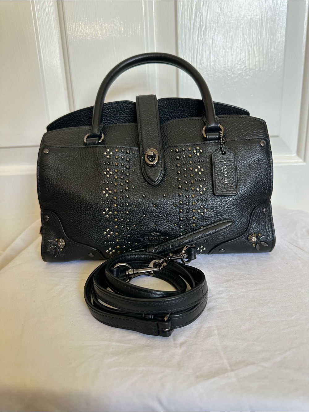 Coach Mercer 24 Black Pebbled Leather Satchel with Prairie Rivets